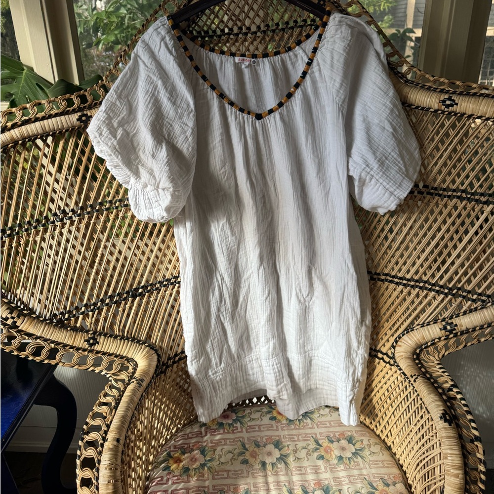 White Women's sundry dress  with embroidered neckline